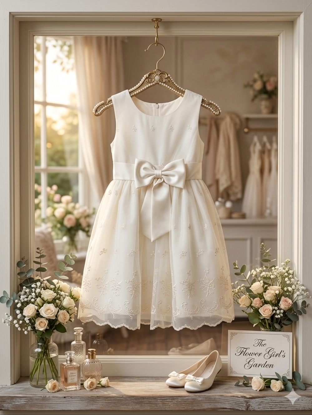 Purple Rose Ivory Scalloped Hem Girl's Dress w/Embroidered floral & Bow,S6,NWT